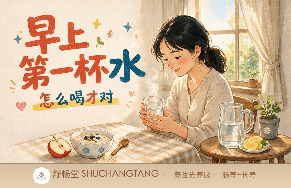 早上第一杯水的日常场景：一位年轻女性坐在晨光餐桌旁捧着温水，桌上有燕麦粥和苹果
