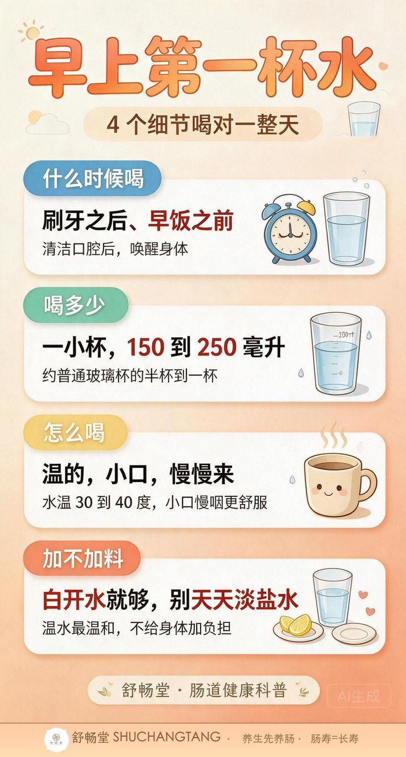 早上第一杯水四段式科普长图：什么时候喝、喝多少、怎么喝、加不加料