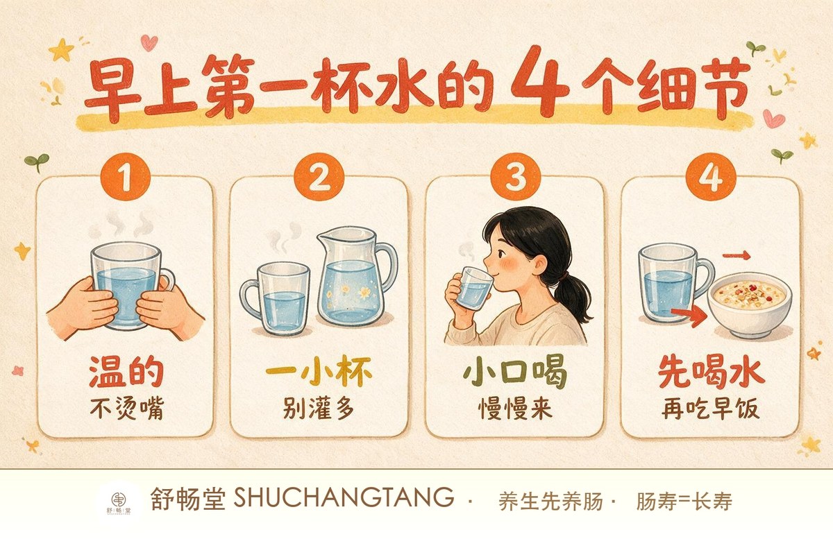 早上第一杯水的4个细节：喝温的、一小杯别灌多、小口慢慢喝、先喝水再吃早饭