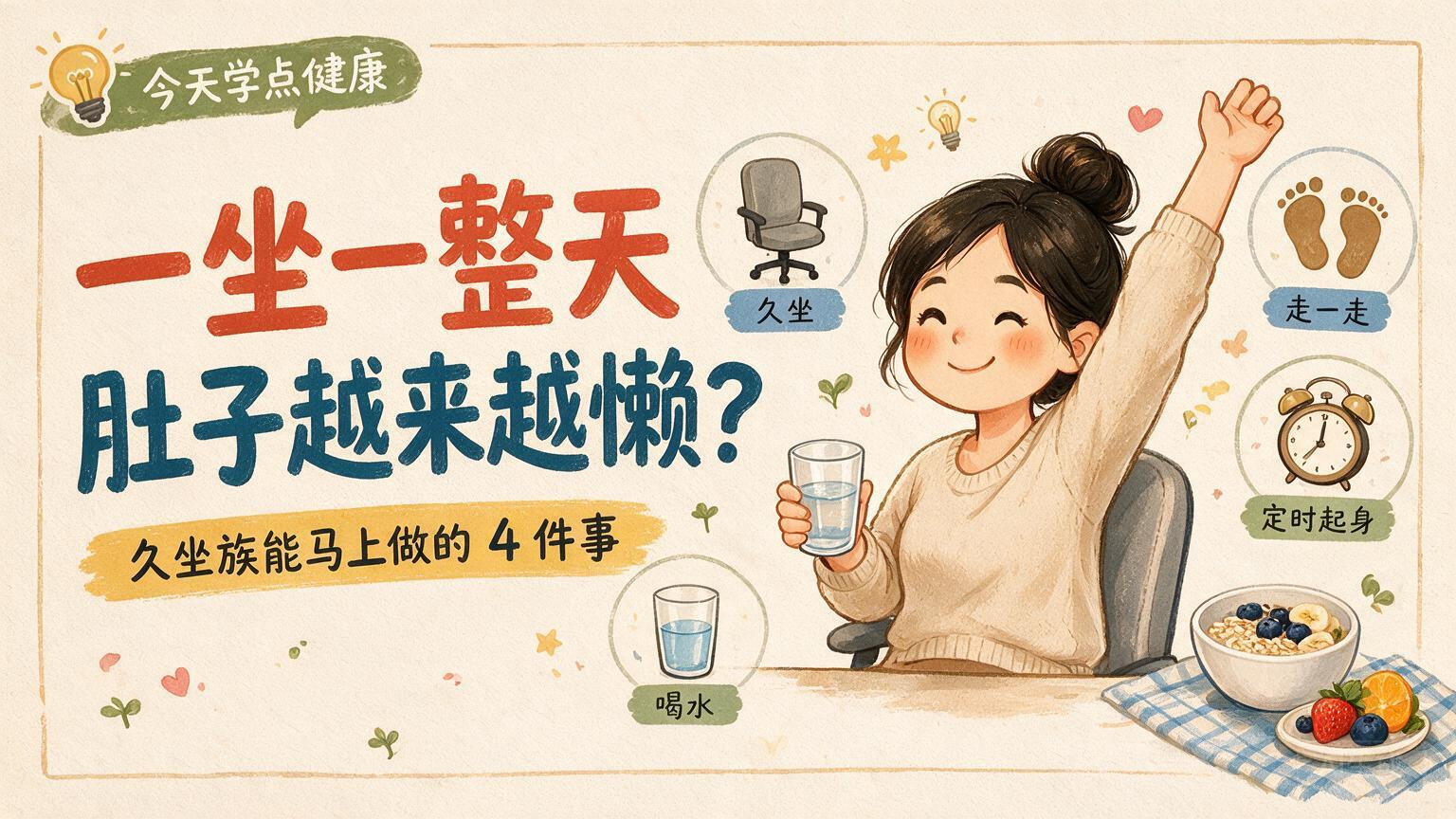 久坐族在办公室里起身活动，日常给肚子松绑