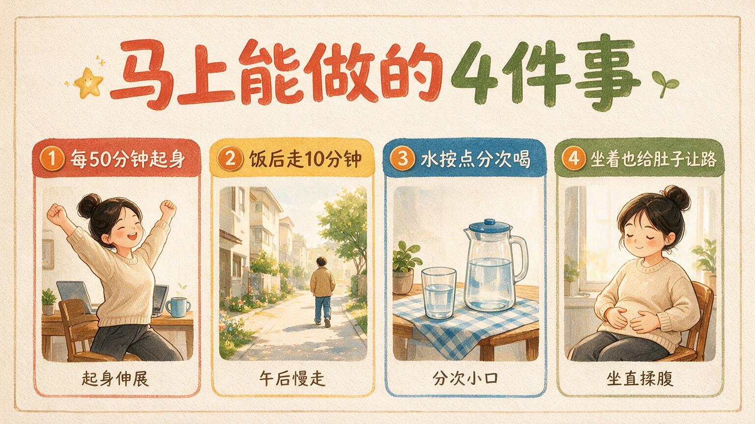 久坐族可以马上做的4件事：每50分钟起身、饭后走10分钟、水按点分次喝、坐着给肚子让路
